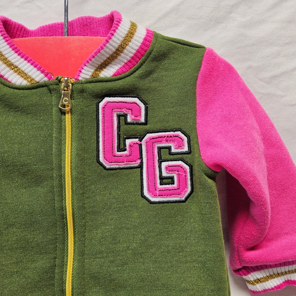 Coogi Baby Girls Varsity Bomber Jacket 6/9M Green Pink Gold Glitter Full Zip